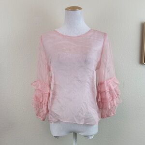 Amanda Uprichard 100% Silk Pink Ruffle Sleeve Sheer Women's Top Size Medium